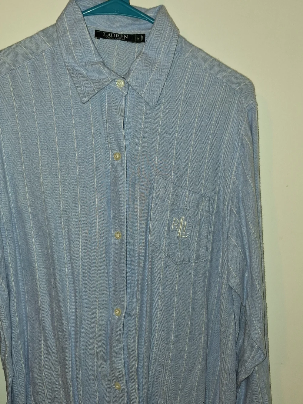 Lauren Ralph Lauren Light Blue Pinstripe Long Button-Up Sleep Shirt